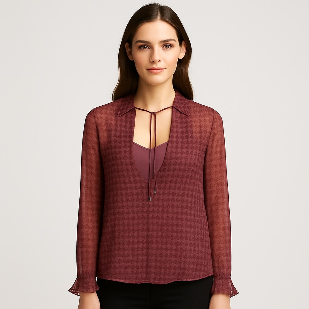 Paige Brea 100% Silk Burgundy Red Houndstooth Blouse Sheer Small houndstooth